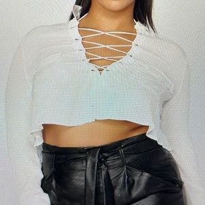 Fashion Nova Lace up, Collard, Long Sleeved, Crop Top in white